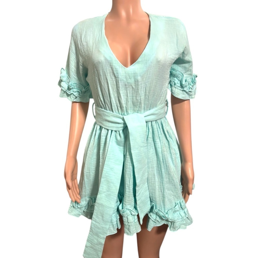 LAMANUEL THE LABEL Women’s Light Aqua Ruffle Mini Dress